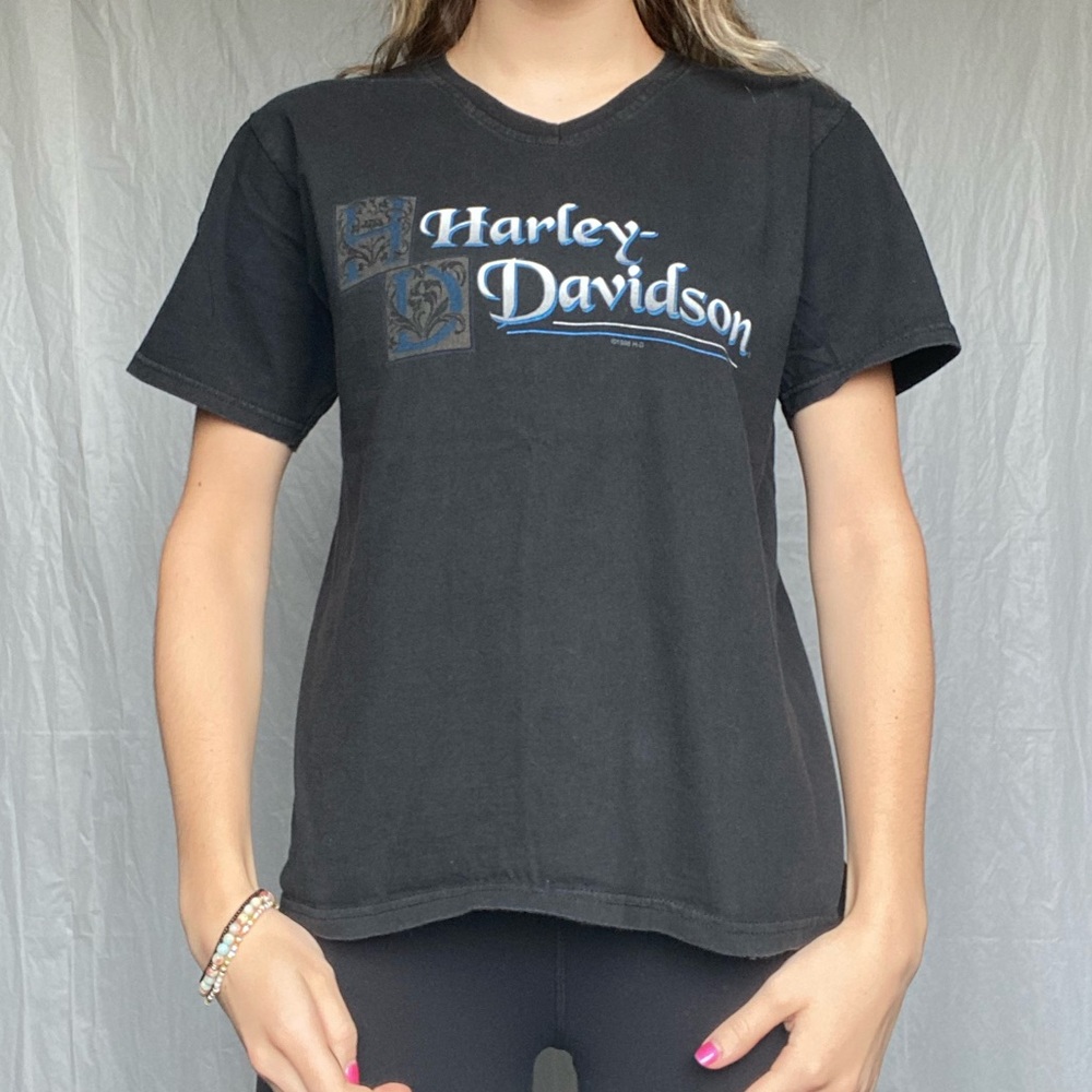 Harley Davidson 1998 Vintage Rare Medium Black Short Sleeve V-Neck Shirt - Picture 2 of 7